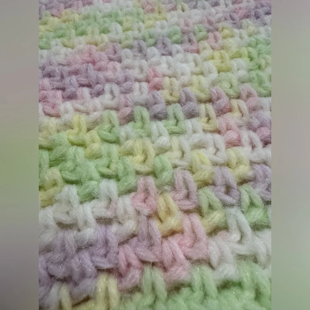 Hand knitted baby blanket, pastel colors.  33 inches by 50 inches. - Picture 2 of 7